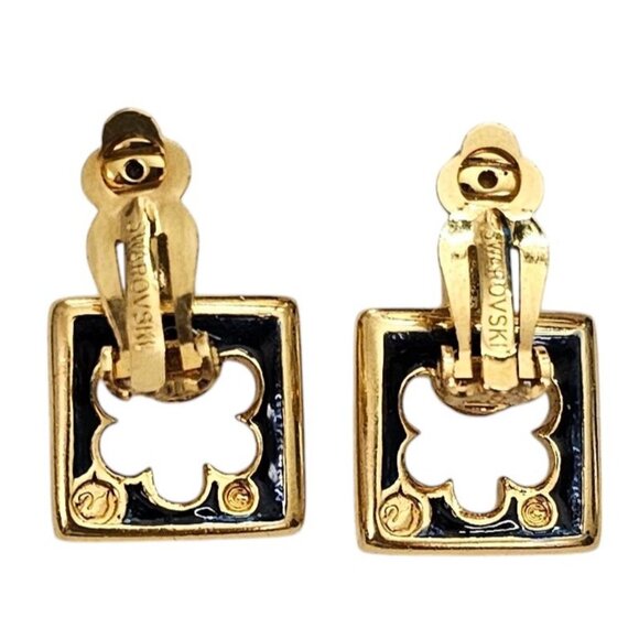 Swarovski Clear Rhinestone Square Flower Shape Dangle Clip Earrings, Signed L805 - Picture 7 of 9